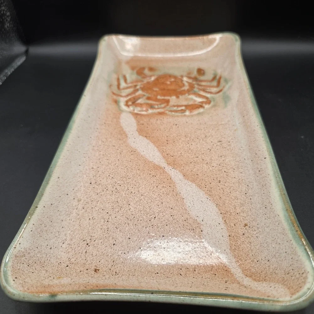 Hugh Wayne Signed Studio Pottery Crab Tray Rectangular Coastal Stoneware Platter